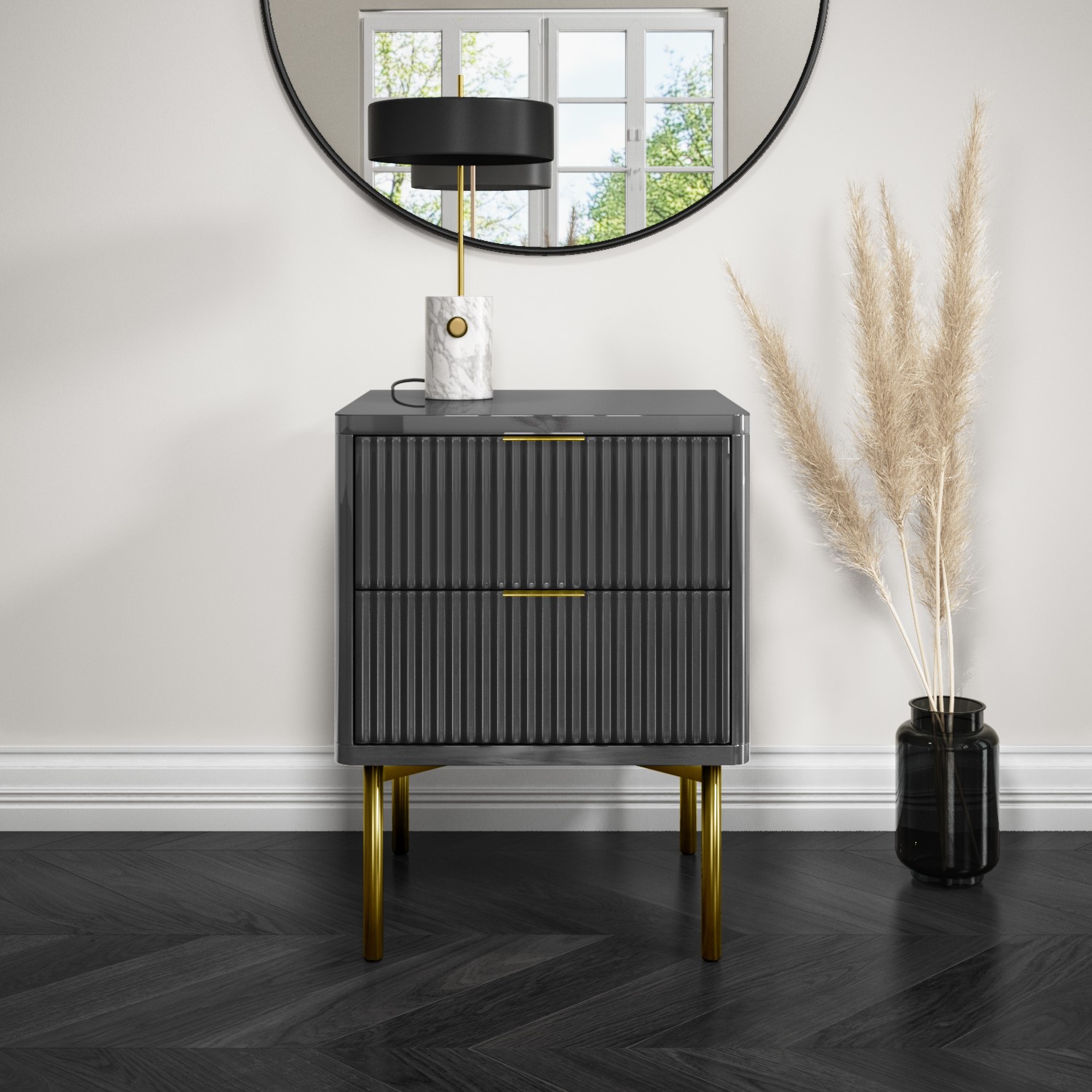 Read more about Dark grey high gloss 2 drawer bedside table with legs valencia